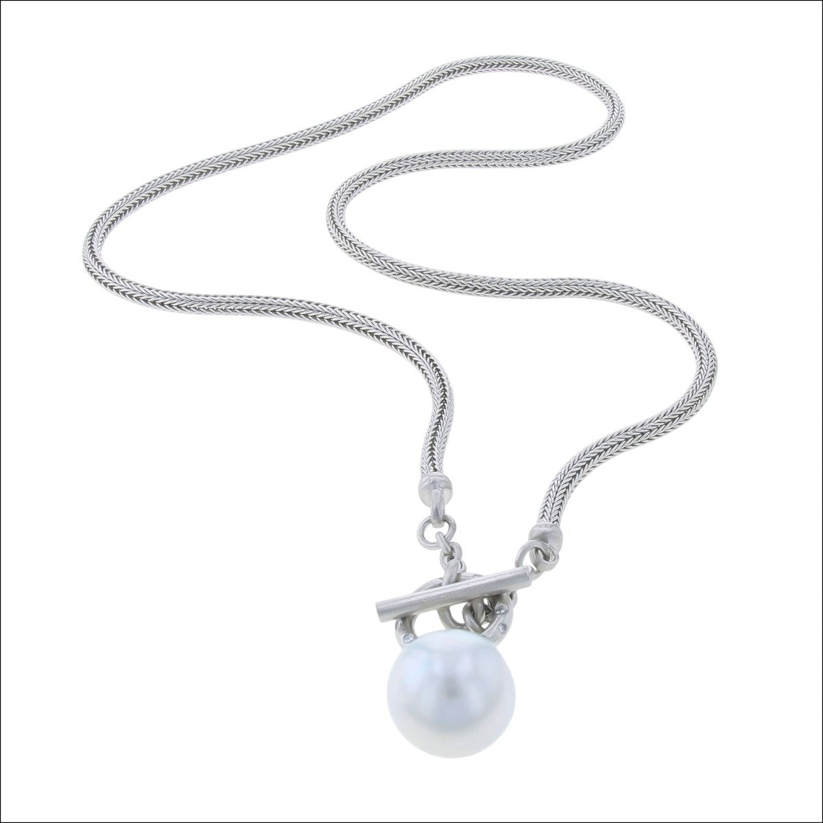 Woven Chain with Diamond Toggle and South Sea Pearl Drop Necklace Platinum 18" (Consignment) - Jewelsmith - Durham NC - Handcrafted - Necklaces