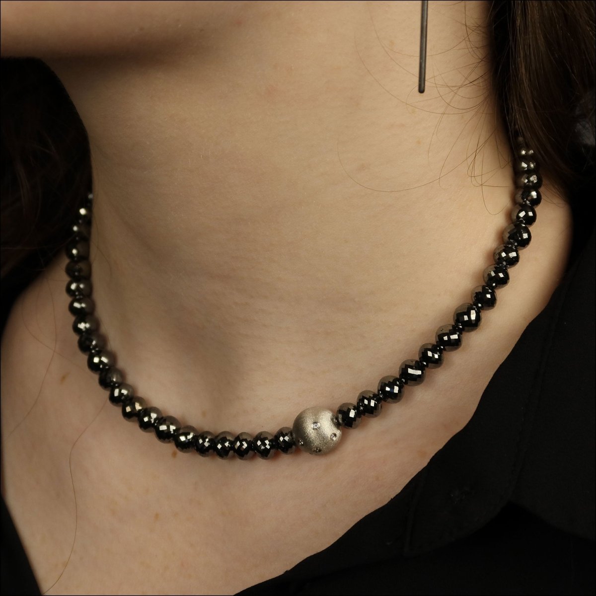 Black Diamond Strand Necklace with Flush Set Diamond Bead 14KW (Consignment) - JewelsmithNecklaces