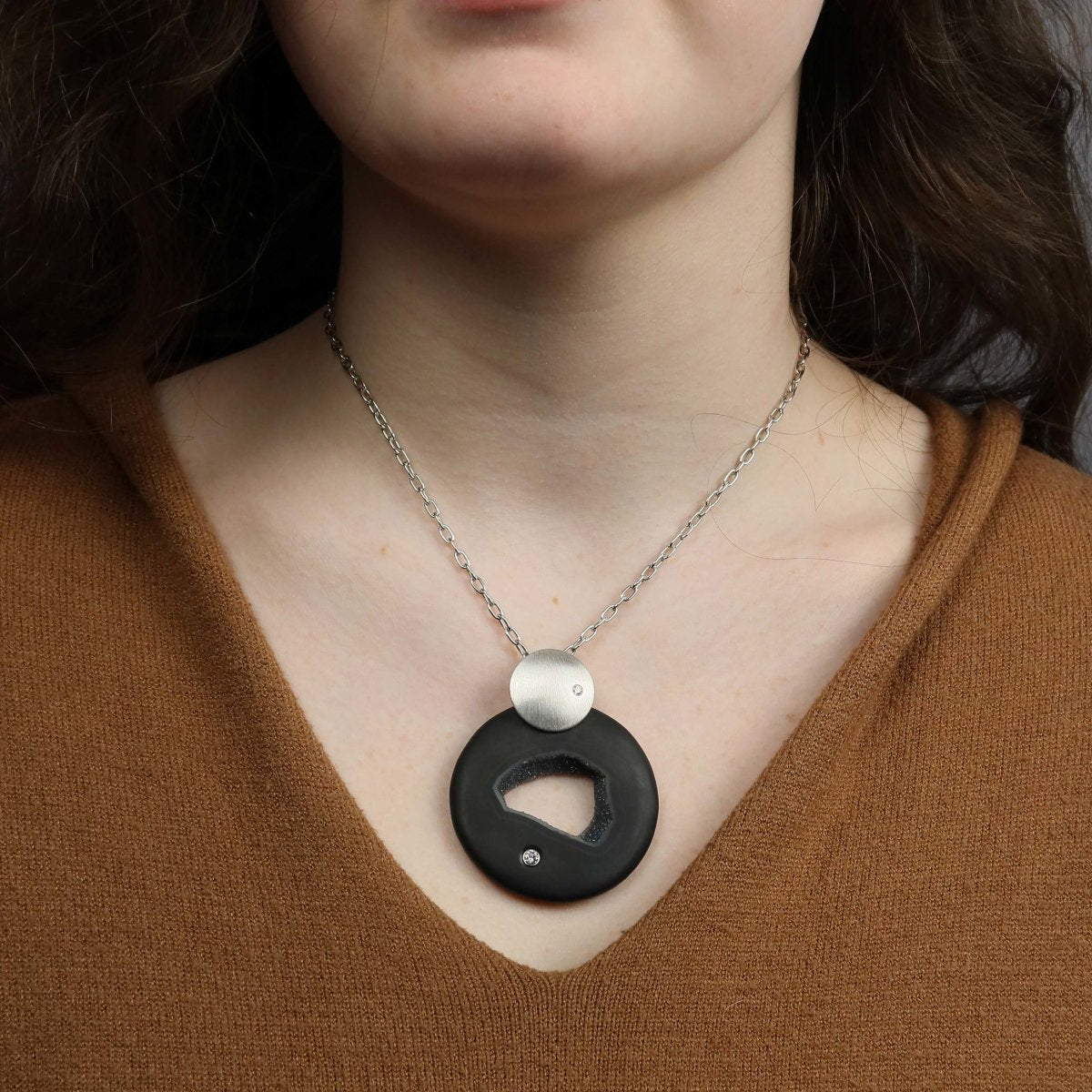Black Onyx Drusy Diamond Pendant 14KW - JewelsmithPendants