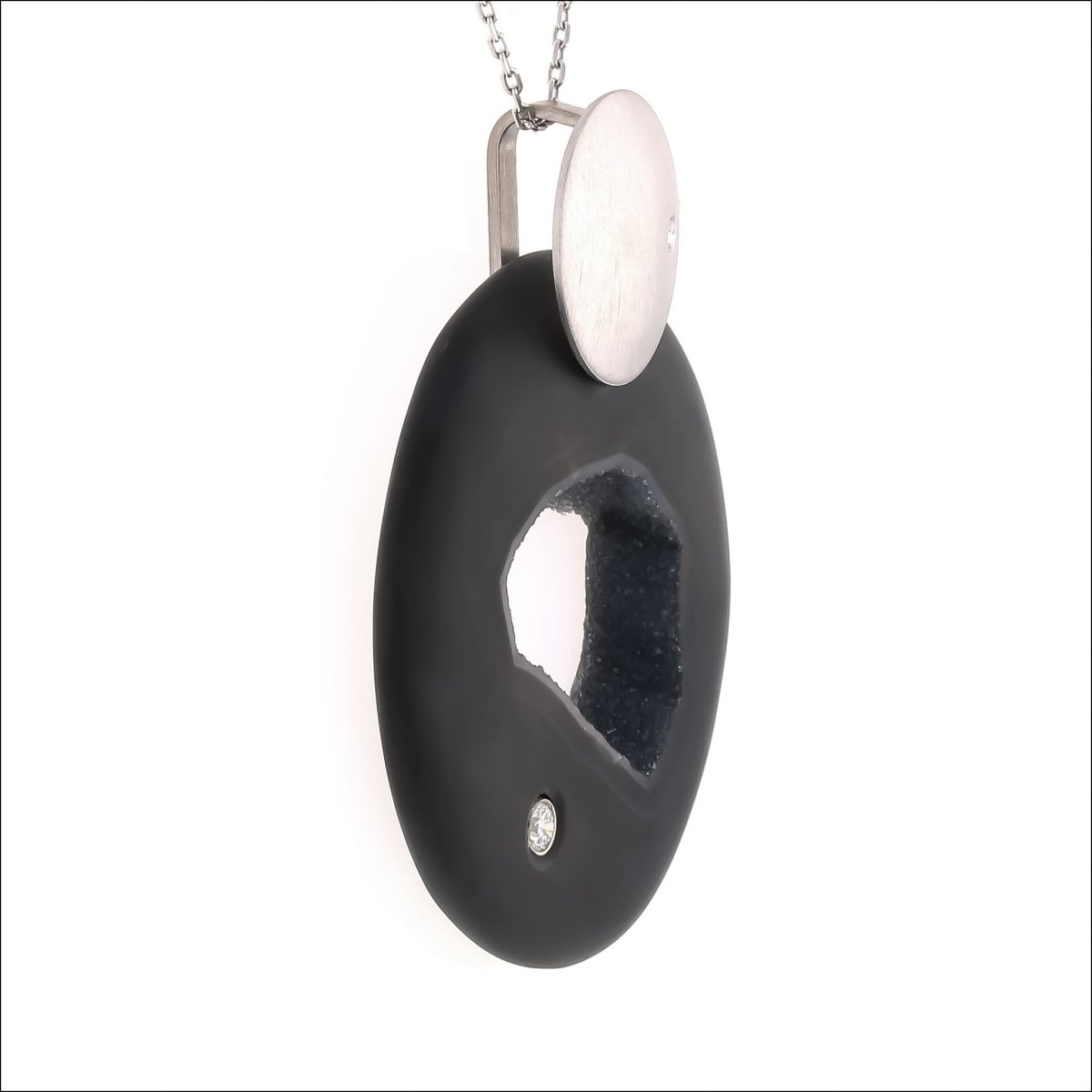 Black Onyx Drusy Diamond Pendant 14KW - JewelsmithPendants