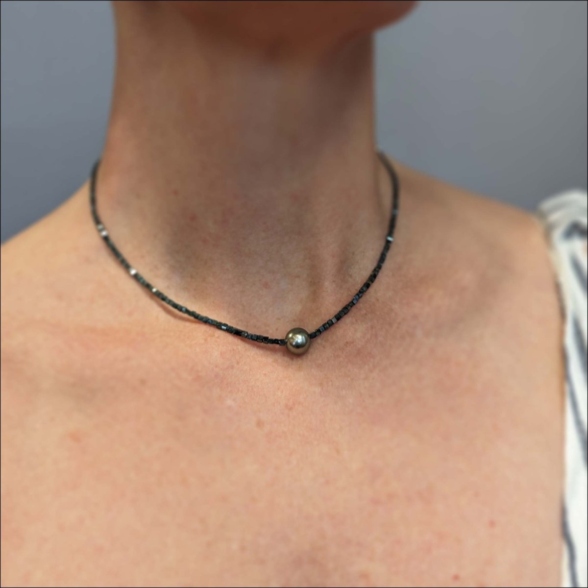 Blue Diamond Bead Strand with Tahitian Pearl 16" 14KW - JewelsmithNecklaces