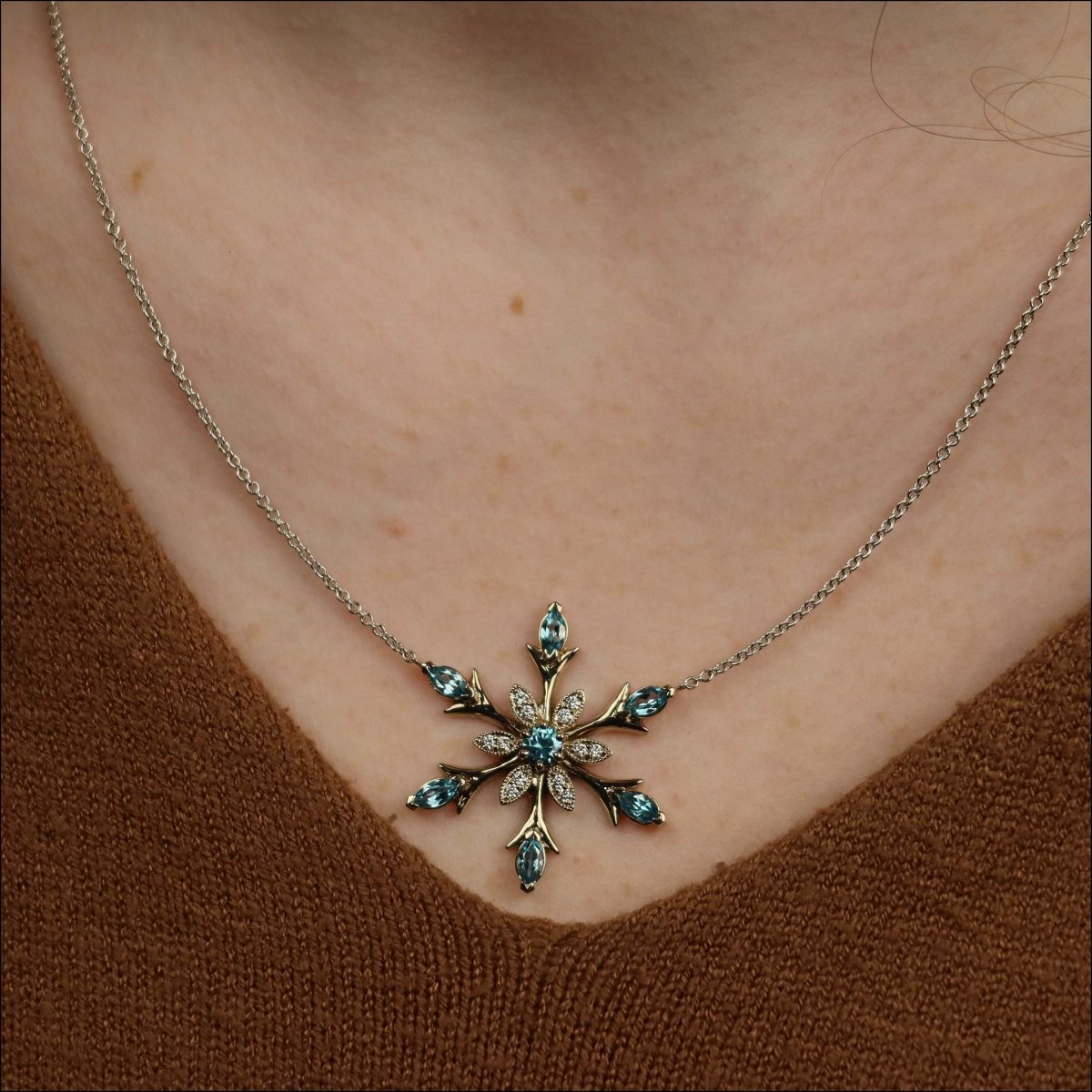 Blue Zircon Diamond Snowflake Necklace 14KW - JewelsmithNecklaces