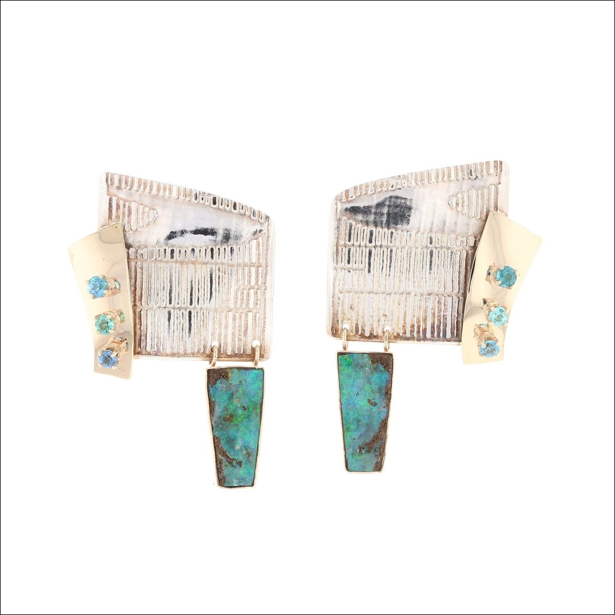 Boulder Opal Paraiba Tourmaline Textured Earrings 14KY Sterling Silver (Consignment) - JewelsmithEarrings