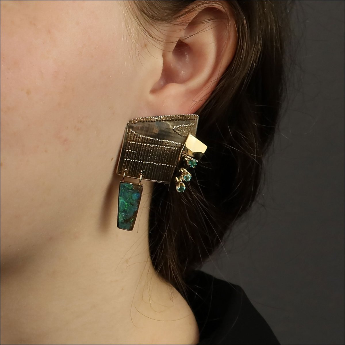 Boulder Opal Paraiba Tourmaline Textured Earrings 14KY Sterling Silver (Consignment) - JewelsmithEarrings