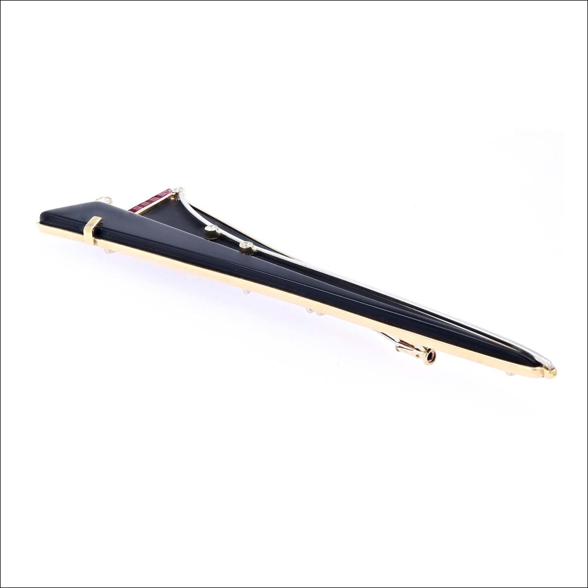 Carved Black Onyx Spear Ruby Diamond Brooch/Pendant 18KY 18KW (Consignment) - JewelsmithPendants
