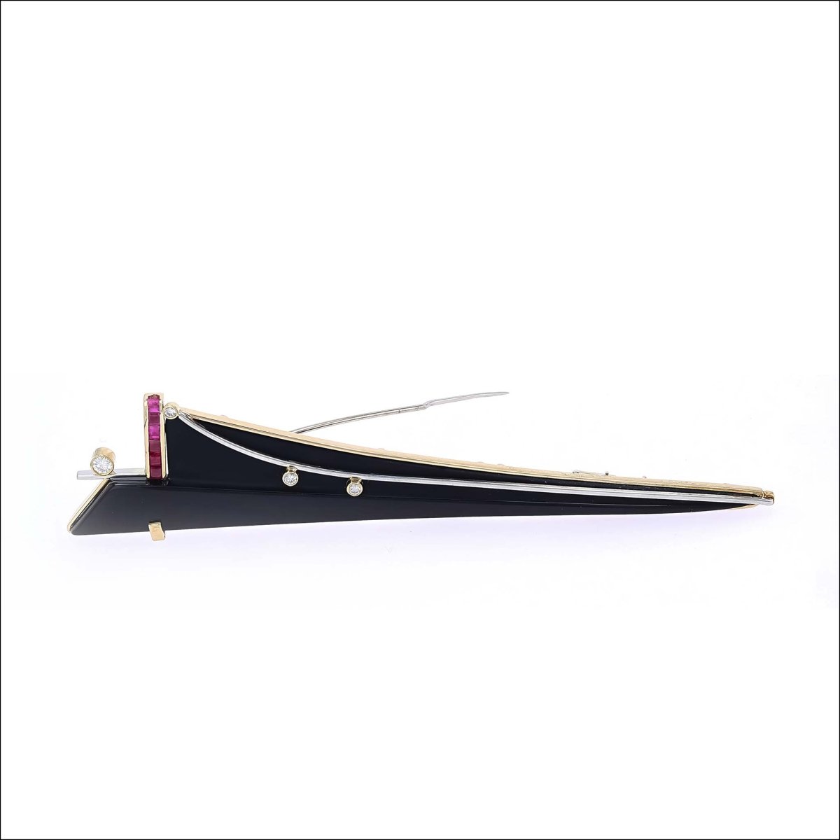 Carved Black Onyx Spear Ruby Diamond Brooch/Pendant 18KY 18KW (Consignment) - JewelsmithPendants