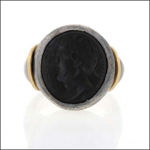 Carved Roman Glass Ring 18KY Sterling Silver - JewelsmithRings