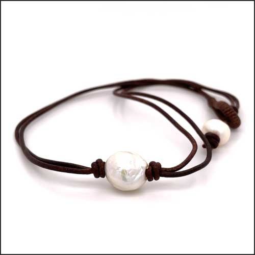 Chinese Freshwater Fireball White Pearl Brown Leather Necklace 17" - JewelsmithNecklaces