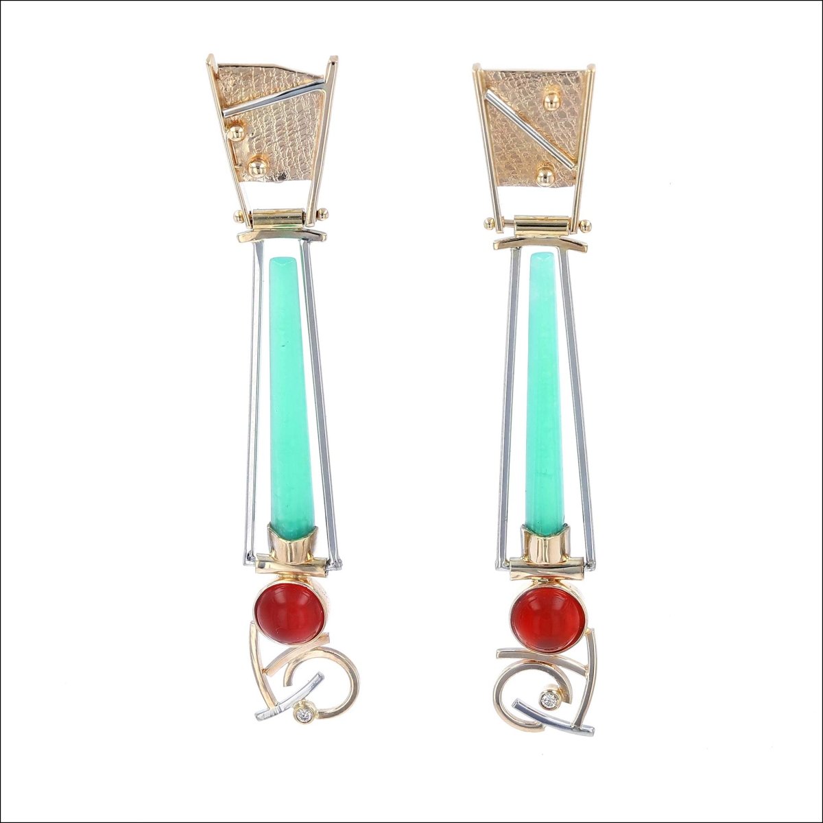 Chrysoprase Fire Opal Diamond Swing Earrings 18KW 18KY (Consignment) - JewelsmithEarrings