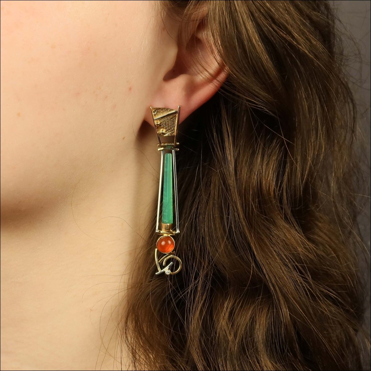 Chrysoprase Fire Opal Diamond Swing Earrings 18KW 18KY (Consignment) - JewelsmithEarrings