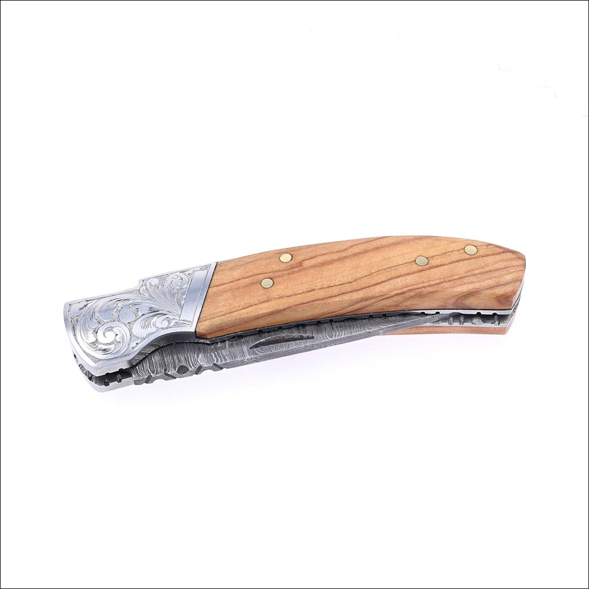 Damascus Steel Folding Knife Hand Engraved Olive Wood Handle - Jewelsmith - Durham NC - Handcrafted - Folding Knife