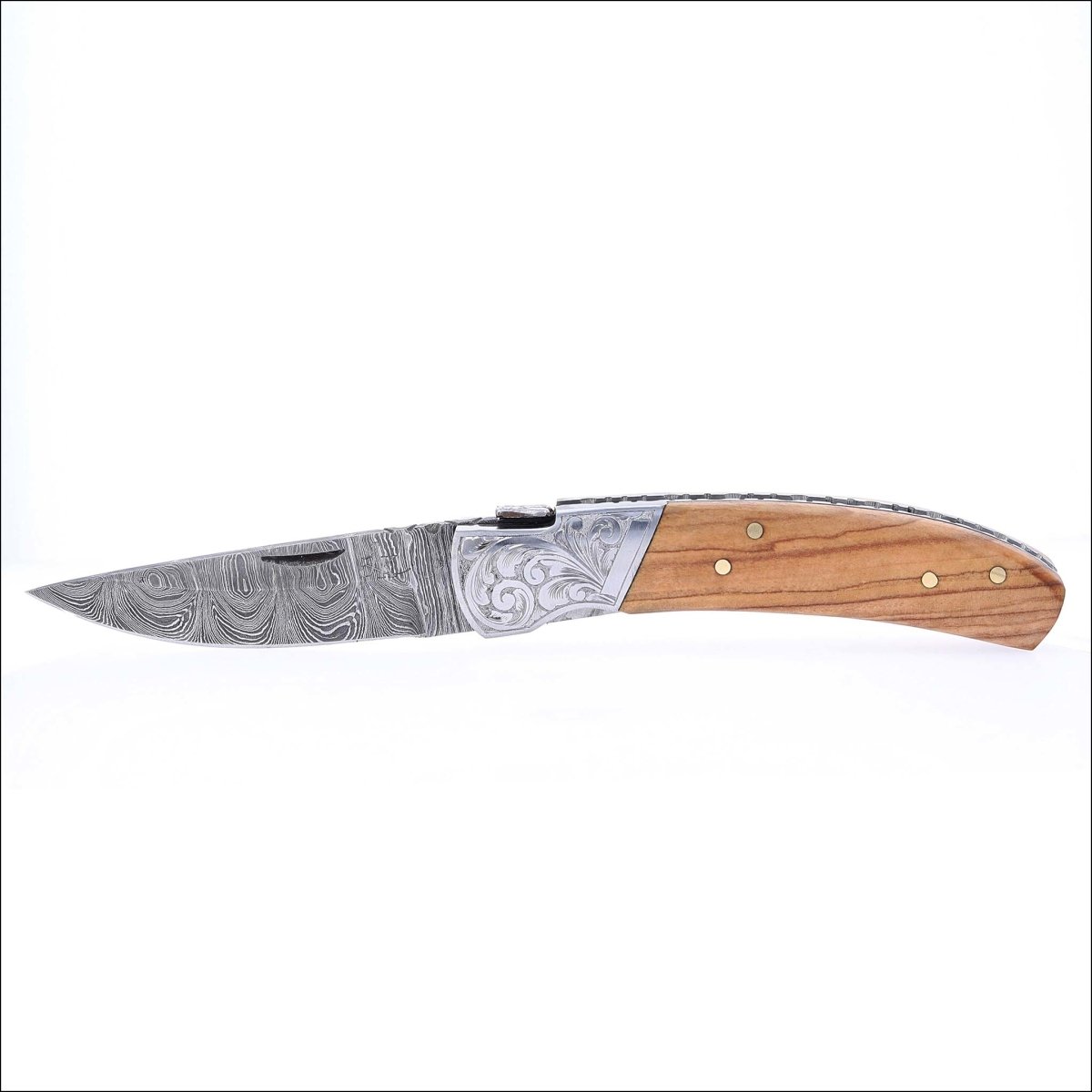 Damascus Steel Folding Knife Hand Engraved Olive Wood Handle - Jewelsmith - Durham NC - Handcrafted - Folding Knife