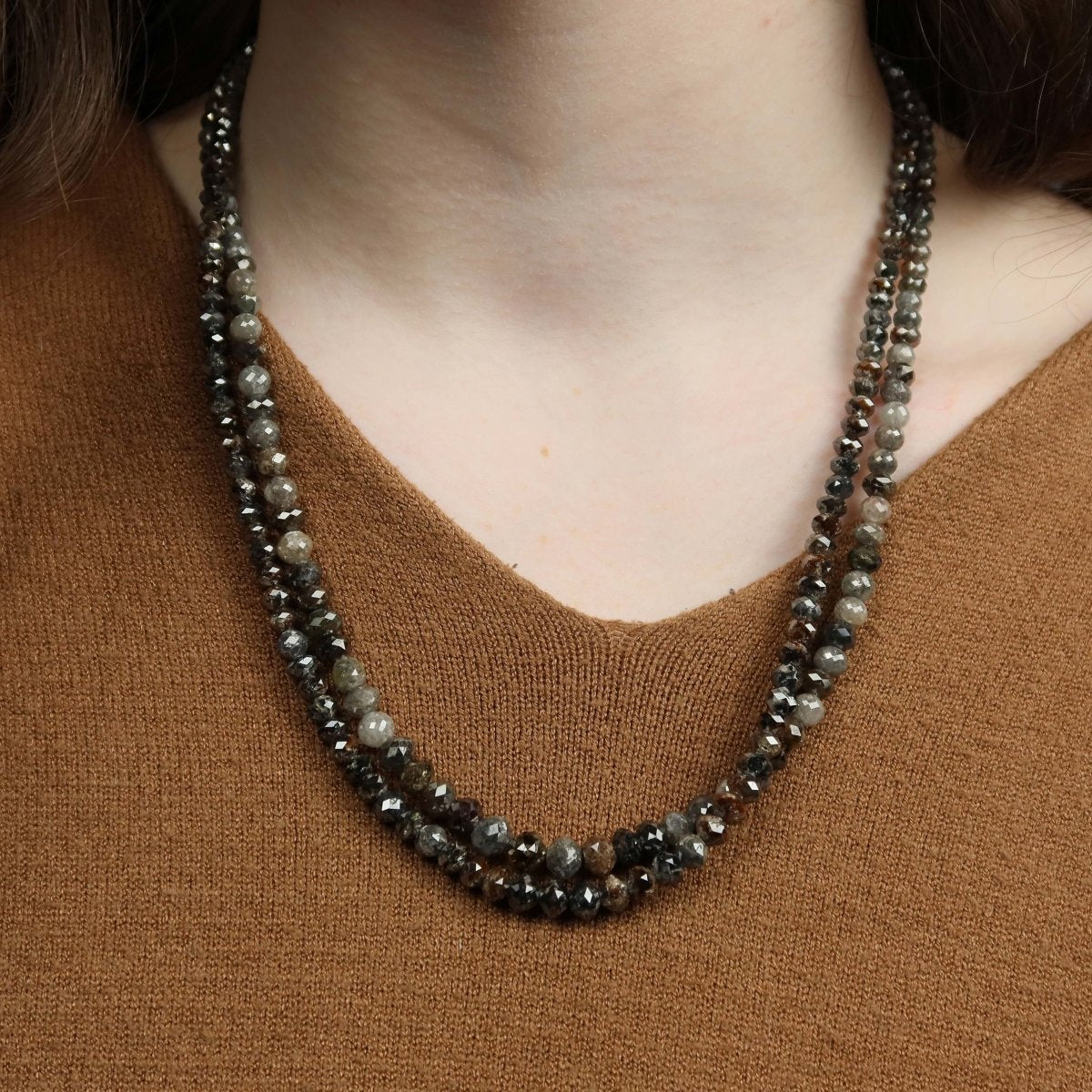 Dark Gray and Dark Brown Diamond Round Bead Strand 21" 18KY - JewelsmithNecklaces