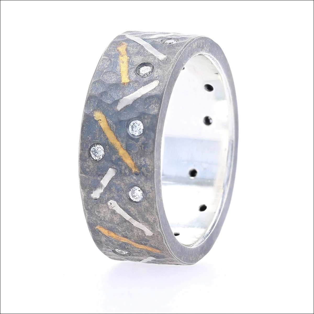 Diamond Band with Inlay Design Sterling Silver 18KY Platinum - JewelsmithBands