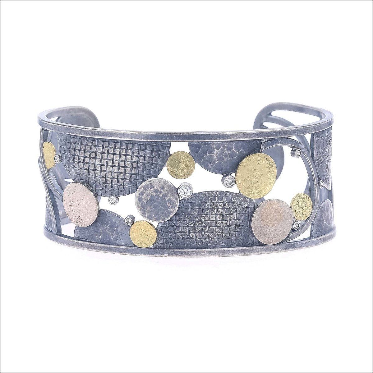 Diamond Wide Textured Circles Bracelet Sterling Silver 18KY 14KW - JewelsmithBracelets