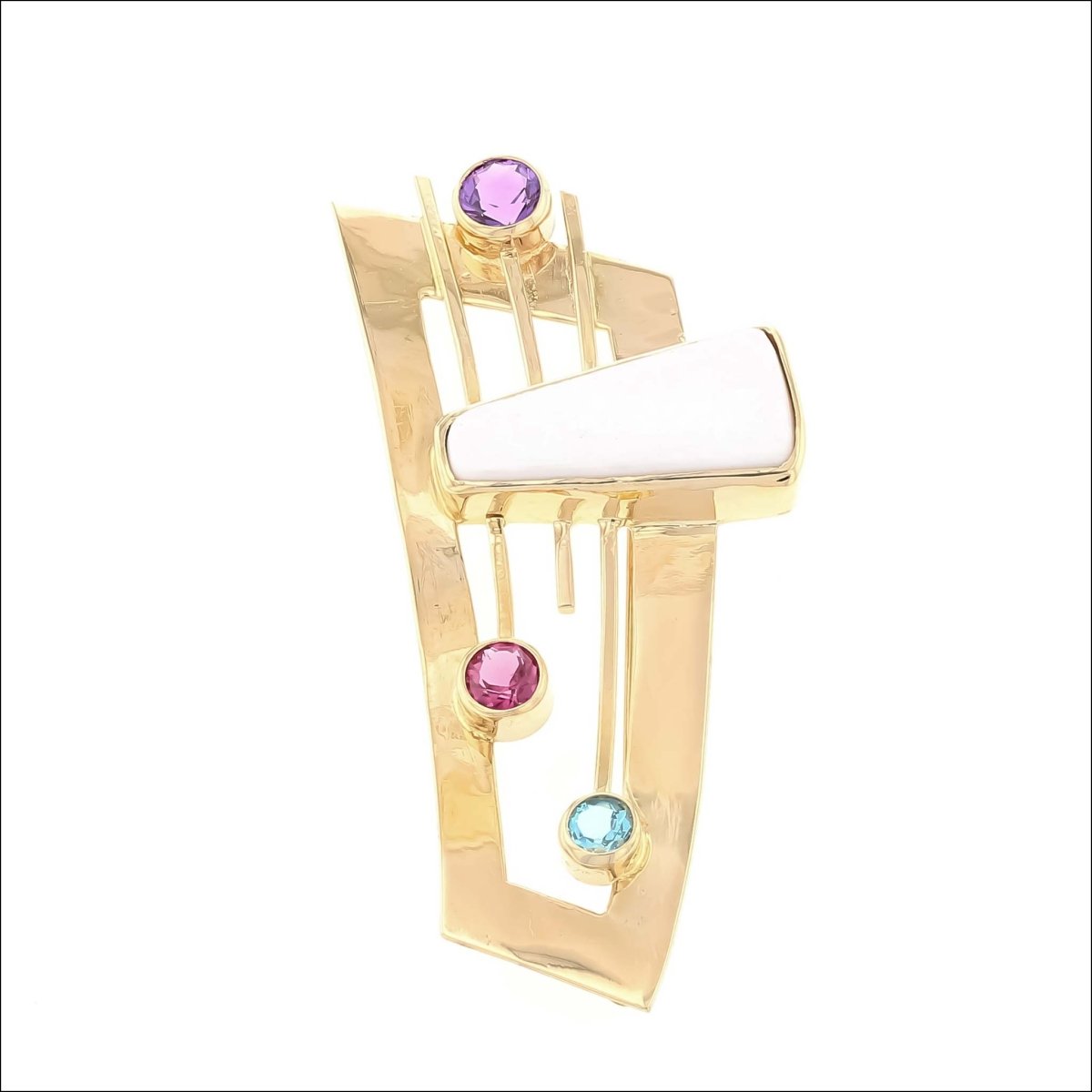 Druzy Amethyst Tourmaline Topaz Frame Brooch 18KY (Consignment) - JewelsmithBrooches