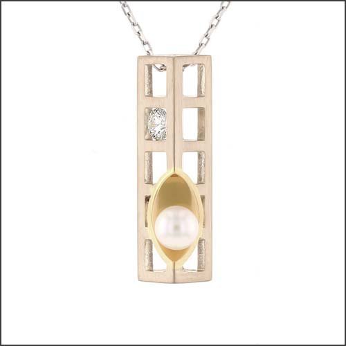 Freshwater Pearl Diamond 3D Cube Pendant 18KY 14KW - JewelsmithPendants