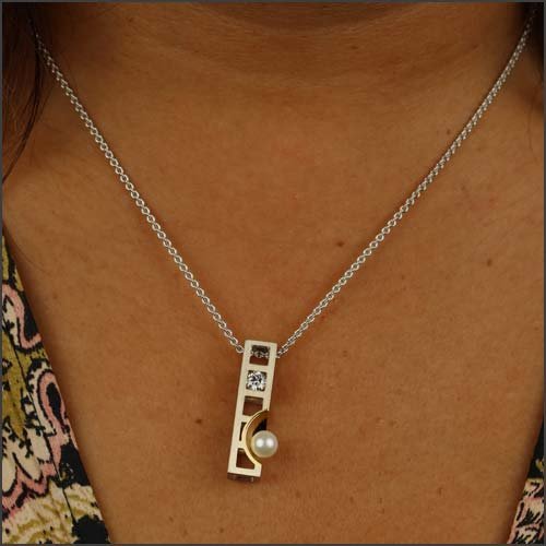 Freshwater Pearl Diamond 3D Cube Pendant 18KY 14KW - JewelsmithPendants