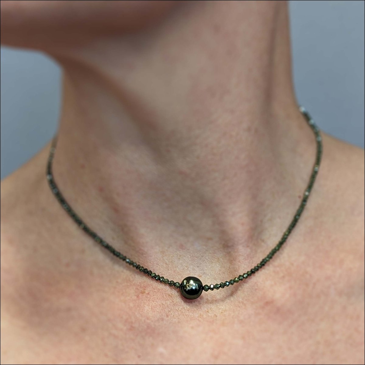 Green Diamond Bead Strand with Tahitian Pearl 16" 14KW - JewelsmithNecklaces