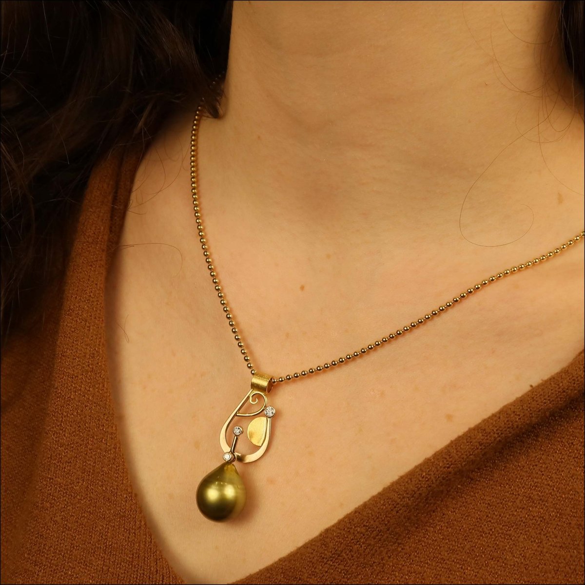 Green Tahitian Pearl Diamond Parts Pendant 18KY 18KW (Consignment) - JewelsmithPendants