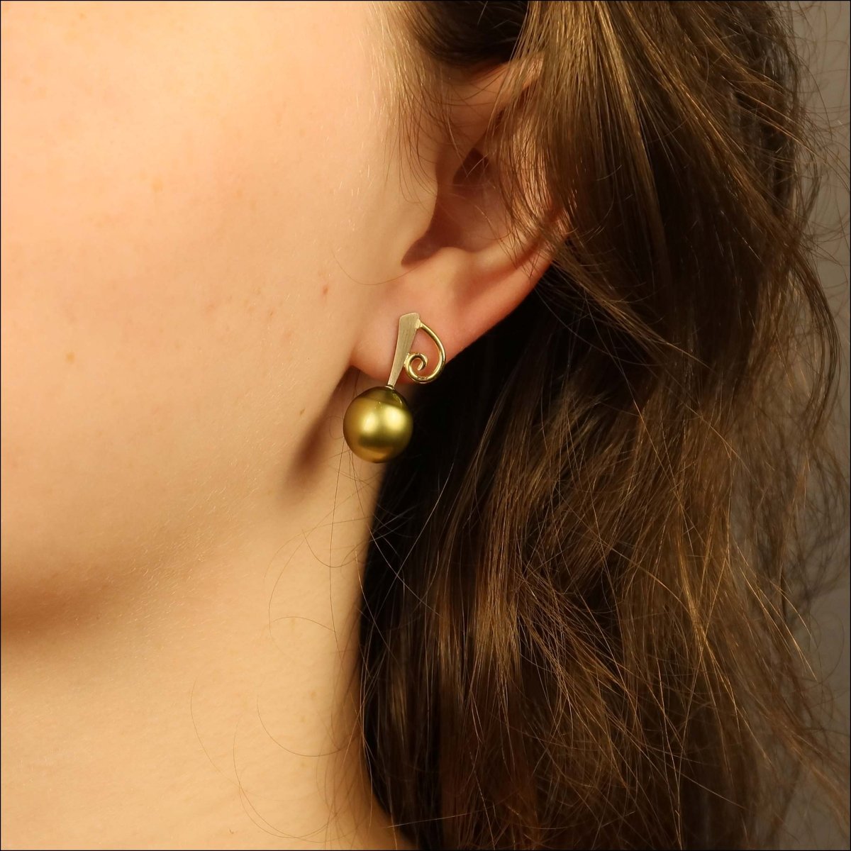 Green Tahitian Pearl Spiral Earrings 18KY 14KW (Consignment) - JewelsmithEarrings
