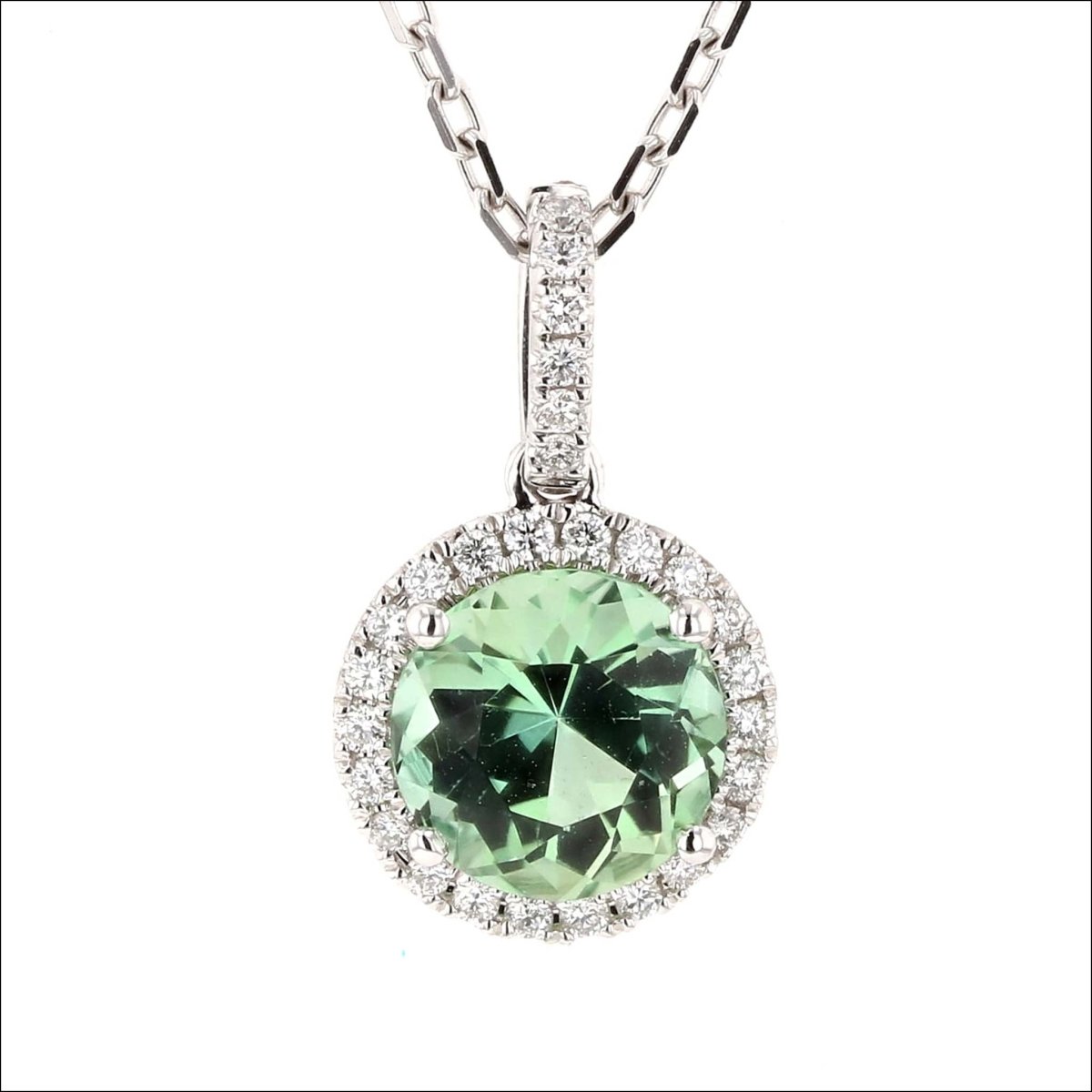 Green Tourmaline Diamond Halo Pendant 14KW - JewelsmithPendants