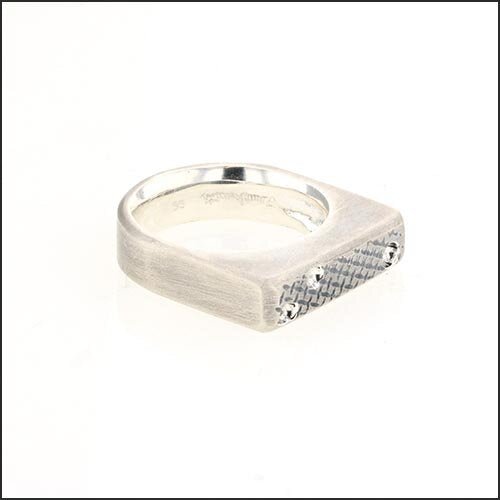 Hand Carved Crosshatch Rectangular Top Men's Band Sterling Silver - JewelsmithRings