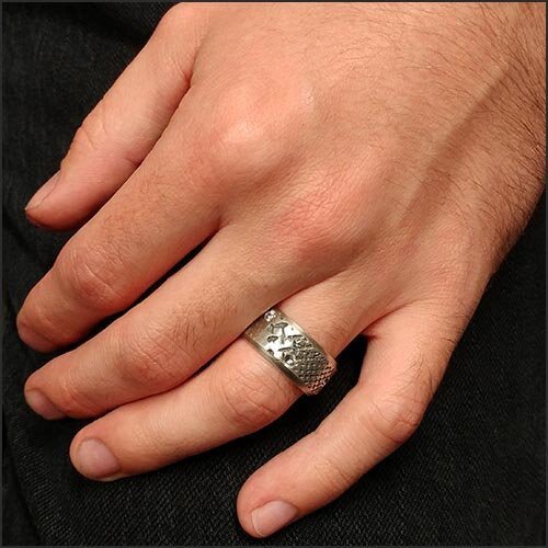 Hand Carved Crosshatch Wide Men's Band Sterling Silver - JewelsmithRings