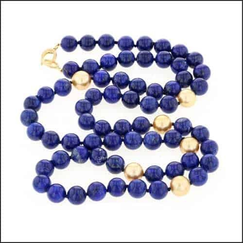 Lapis Bead Golden Pearl Strand Necklace 18KY - JewelsmithNecklaces