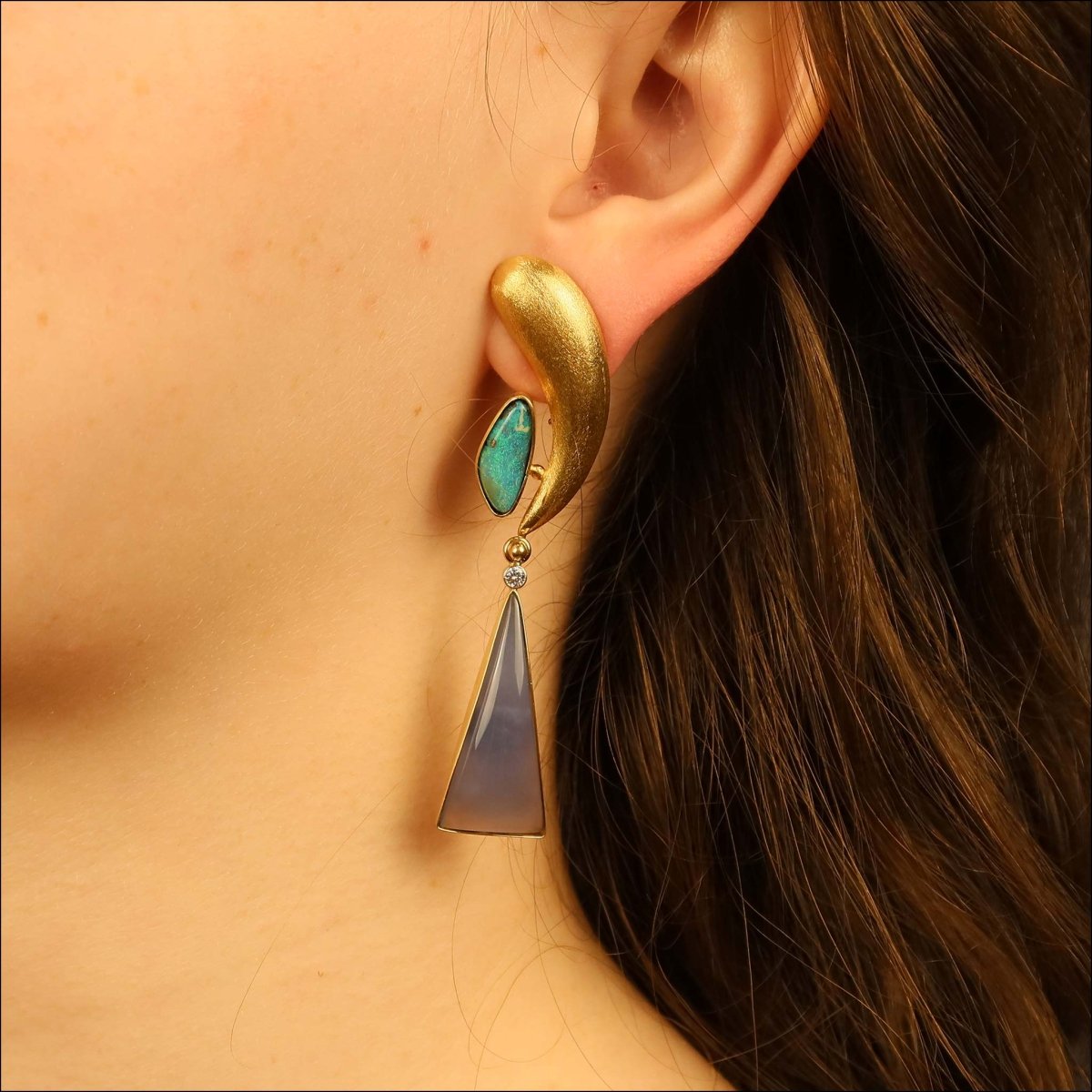 Lavender Chalcedony Boulder Opal Diamond Paisley Earrings 18KY (Consignment) - JewelsmithEarrings