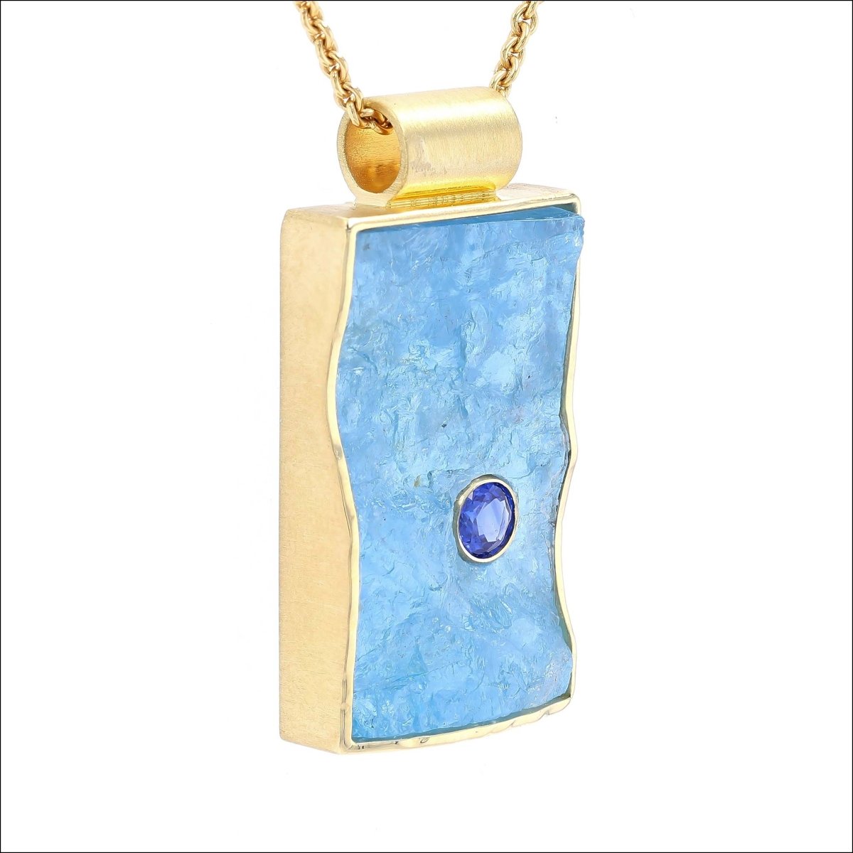 Natural Surface Aquamarine Inset Sapphire Pendant 18KY - JewelsmithPendants