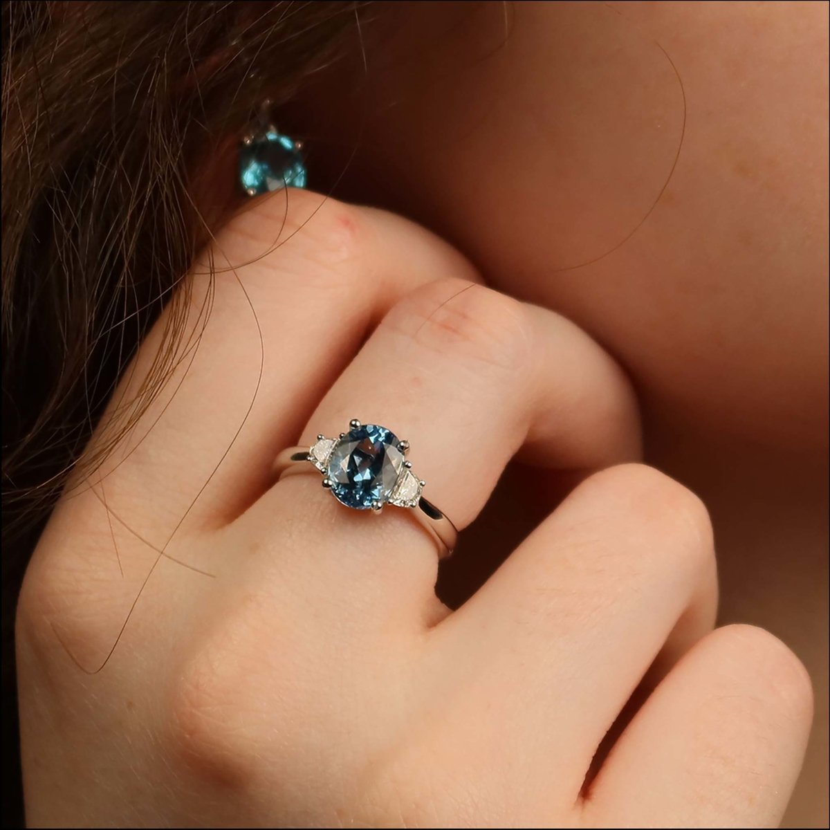 Oval Aquamarine Half Moon Diamond Ring 14KW - JewelsmithRings