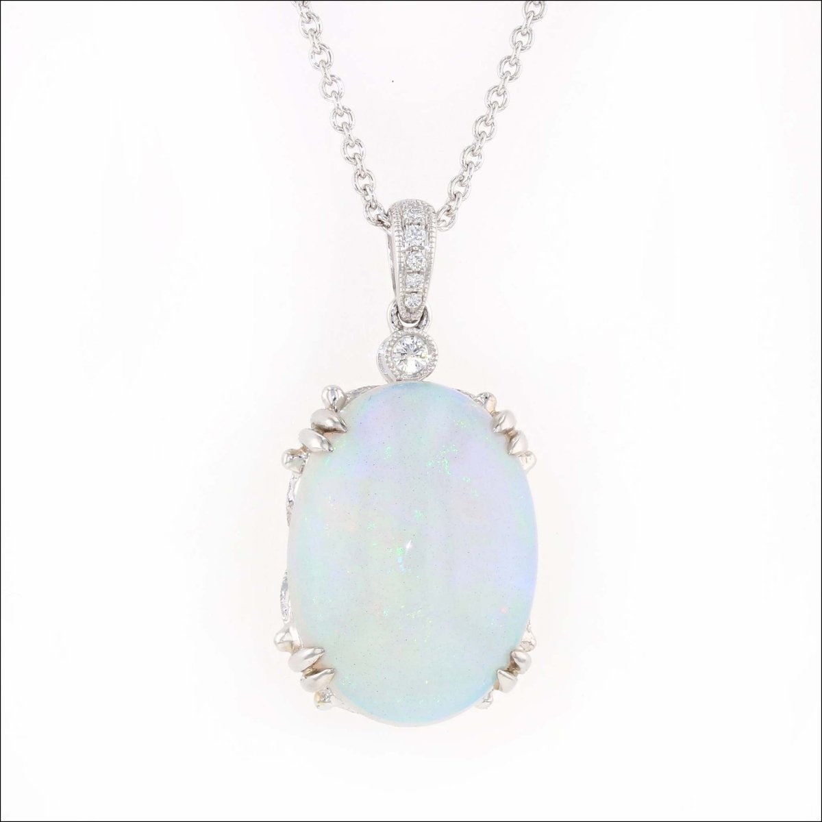 Oval Ethiopian Opal Diamond Pendant 14K White - JewelsmithPendants