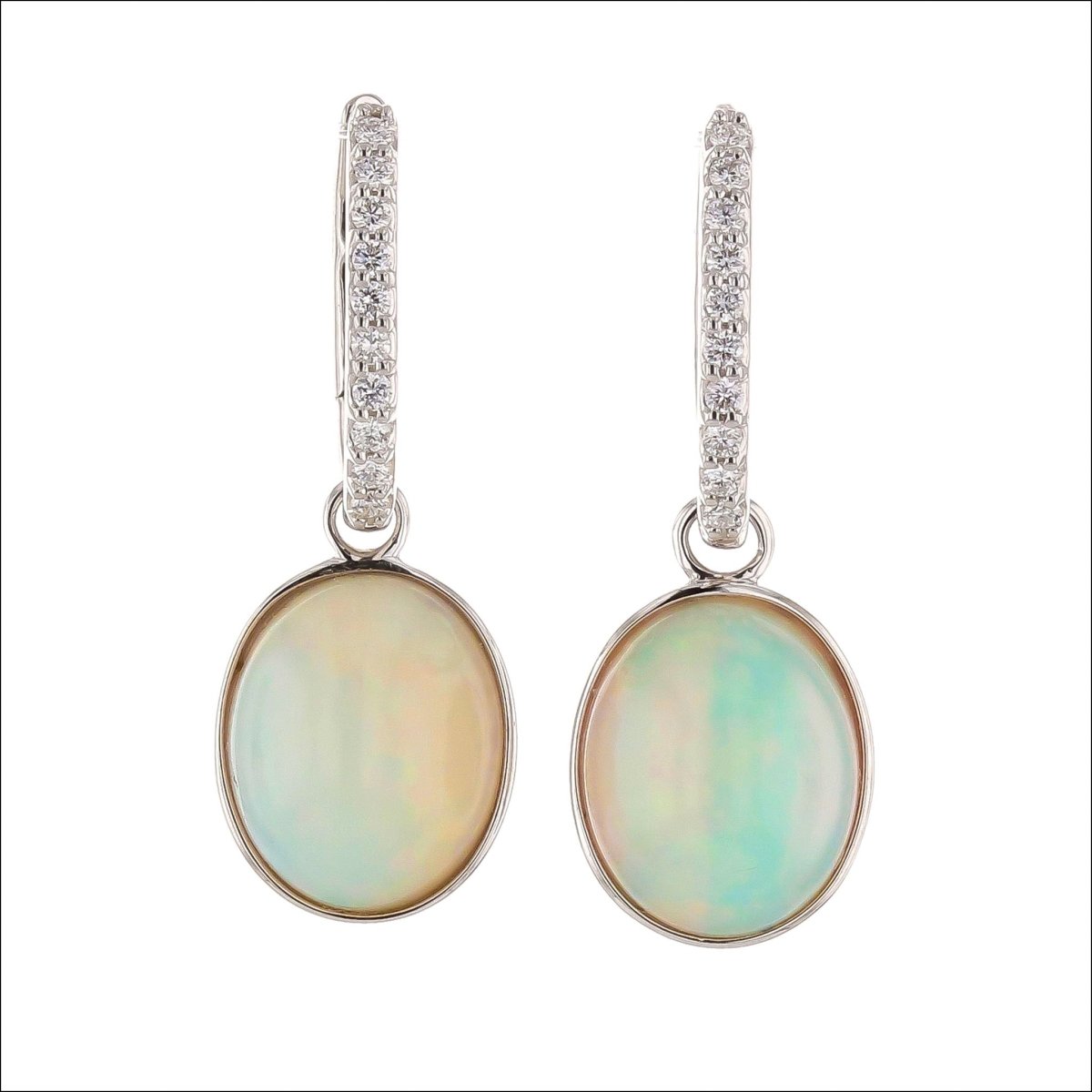 Oval Ethiopian Opal Drops on Diamond Hoop Earrings 14KW - JewelsmithEarrings