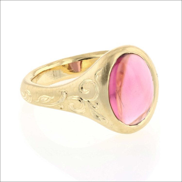 Oval Pink Tourmaline Cab Ring 18KY - JewelsmithRings