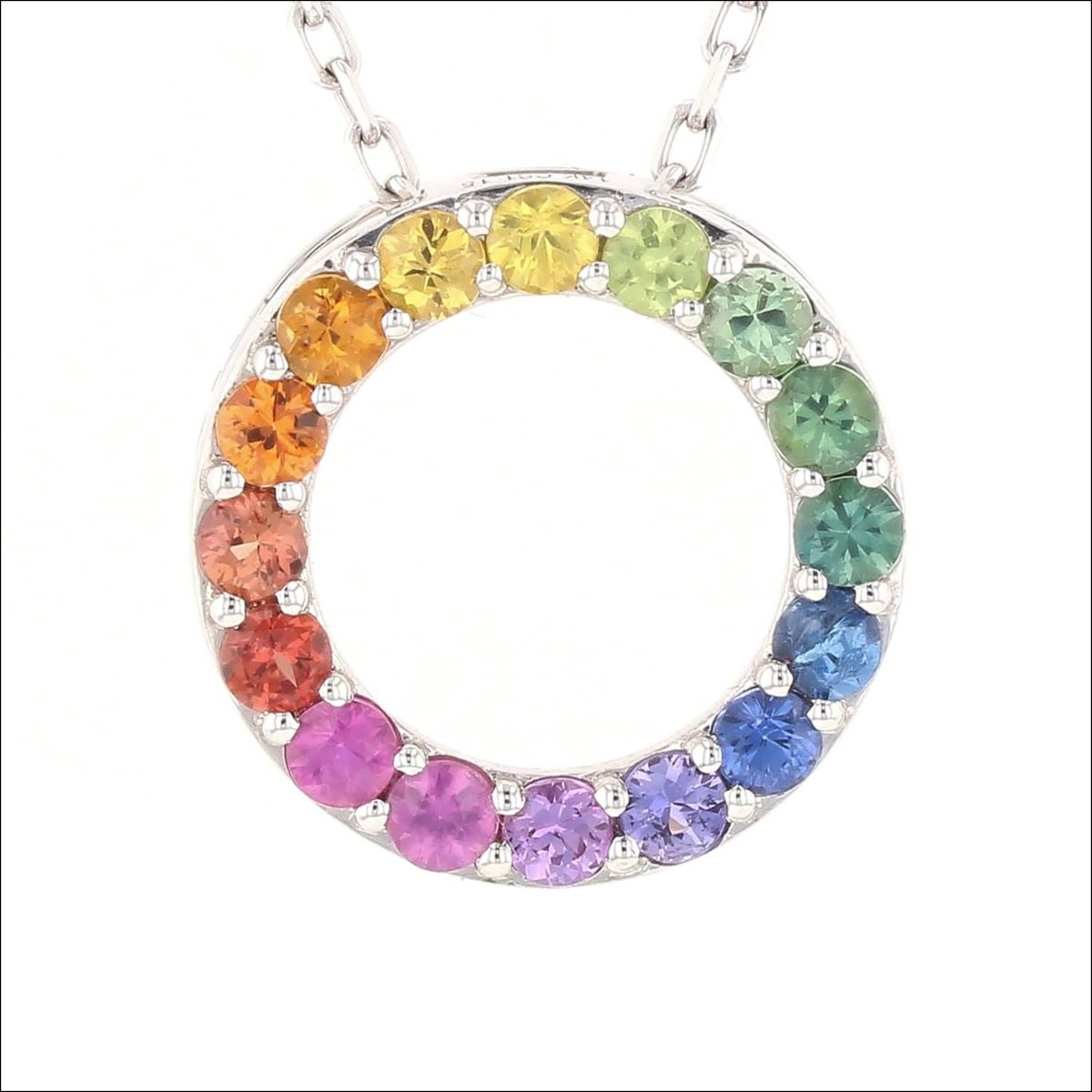 Rainbow Sapphire Circle Shared Prong Pendant 14KW - JewelsmithPendants