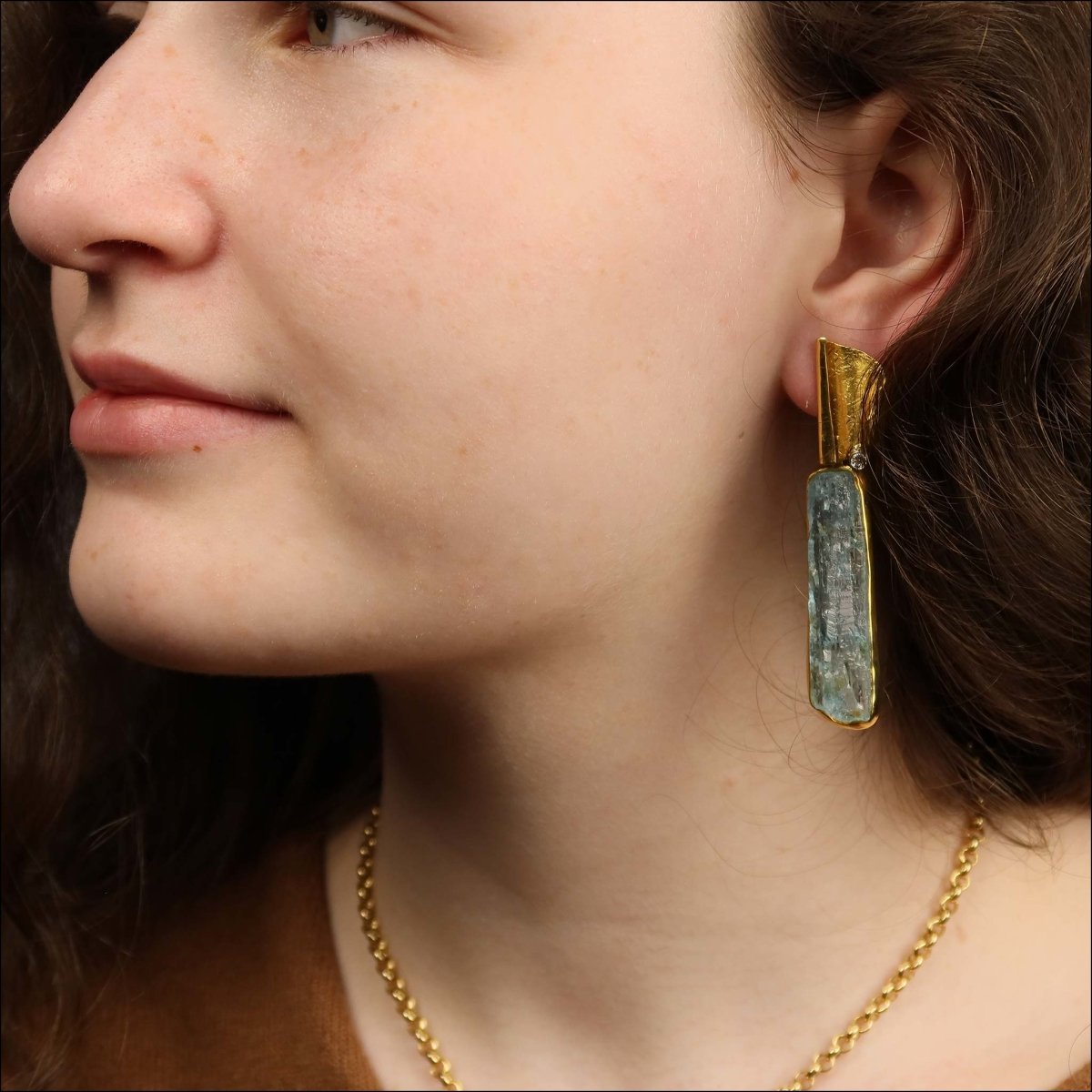 Rough Aquamarine Crystal Diamond Earrings 22KY - JewelsmithEarrings
