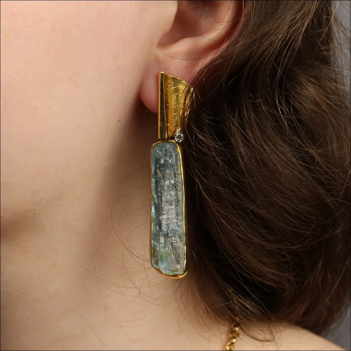 Rough Aquamarine Crystal Diamond Earrings 22KY - JewelsmithEarrings