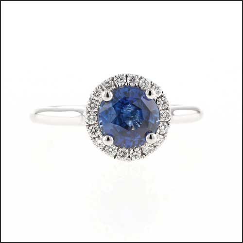 Round Sapphire Diamond Halo Ring 14KW - JewelsmithRings
