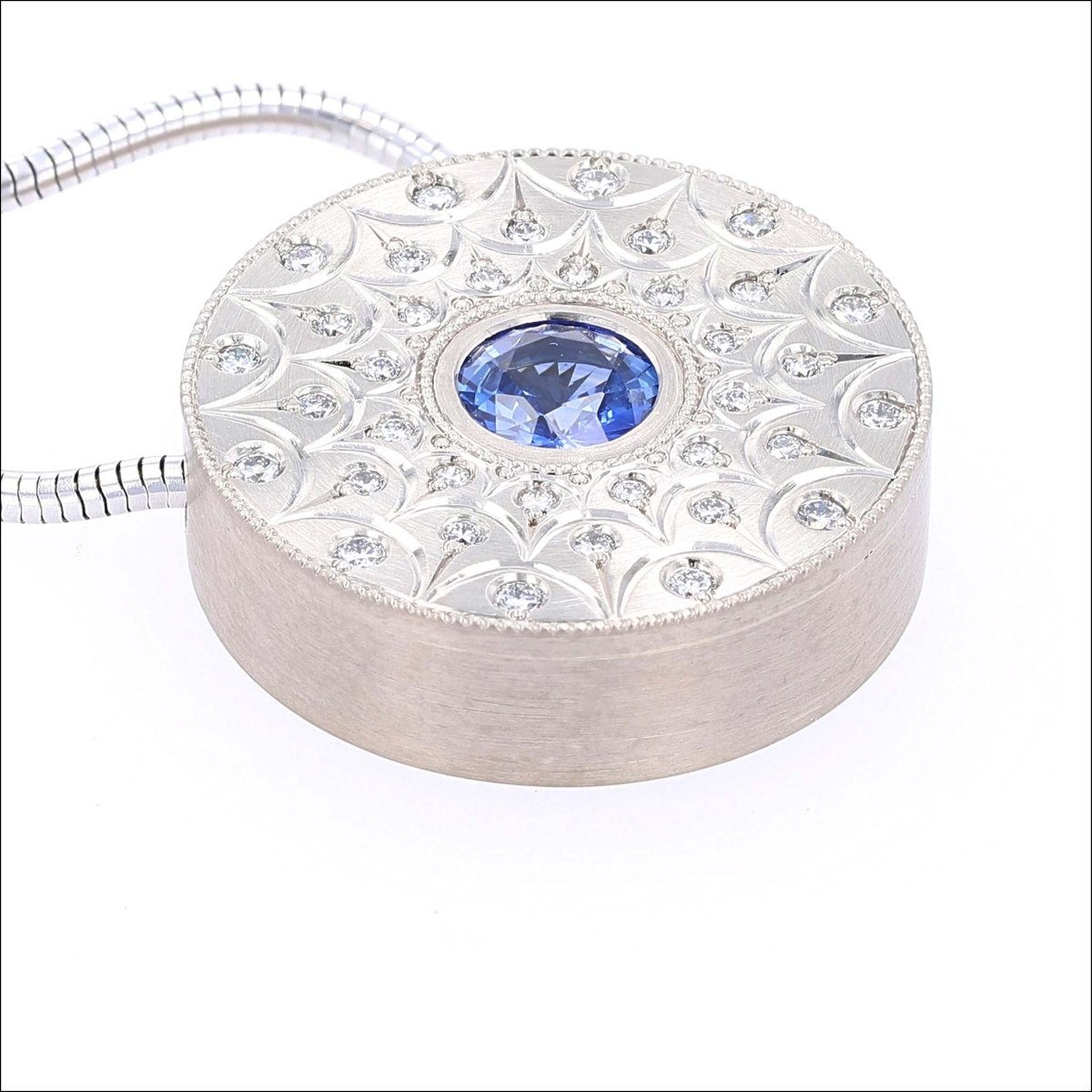 Sapphire Diamond Hand Engraved Dandelion Pattern Pendant 14KW - JewelsmithPendants
