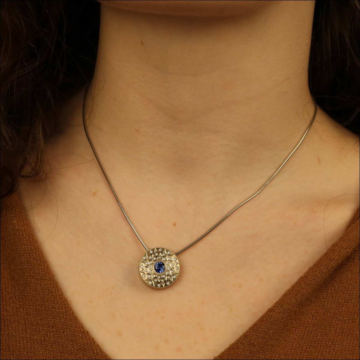 Sapphire Diamond Hand Engraved Dandelion Pattern Pendant 14KW - JewelsmithPendants