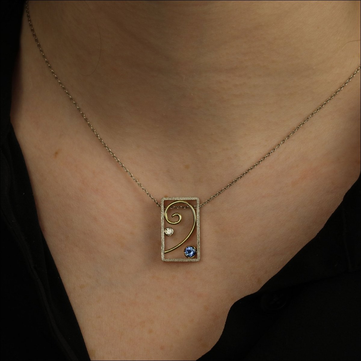 Sapphire Diamond Spiral 3D Frame Pendant 14KW 18KY - JewelsmithPendants