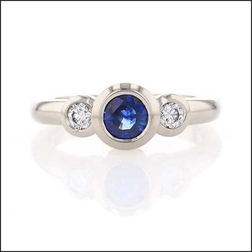 Sapphire Diamond Three Stone Bezel Engagement Ring 14KW - JewelsmithEngagement Rings