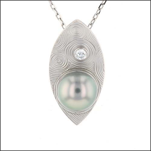 Silvery Green Tahitian Pearl Diamond Zen Garden Pendant 14KW - JewelsmithPendants