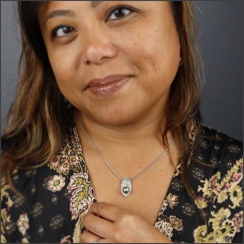 Silvery Green Tahitian Pearl Diamond Zen Garden Pendant 14KW - JewelsmithPendants