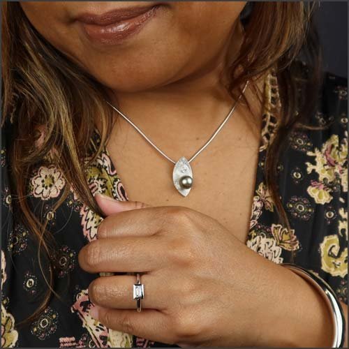 Silvery Green Tahitian Pearl Diamond Zen Garden Pendant 14KW - JewelsmithPendants