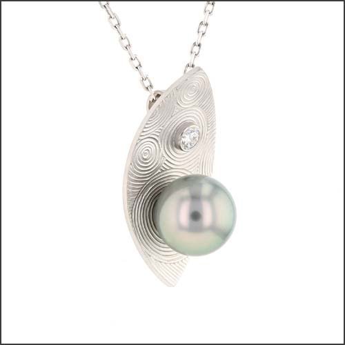 Silvery Green Tahitian Pearl Diamond Zen Garden Pendant 14KW - JewelsmithPendants
