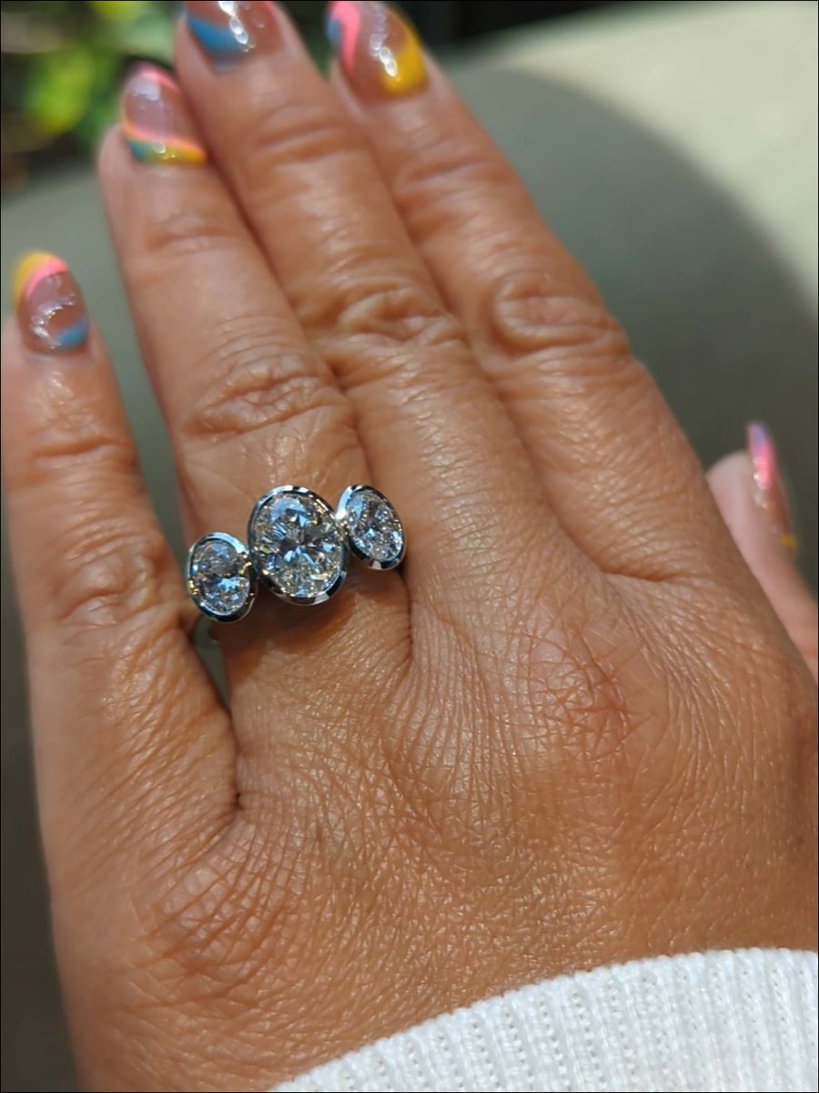 Three Stone Oval Diamond Floating Bezel Engagement Ring Platinum 3.41cttw - JewelsmithEngagement Rings