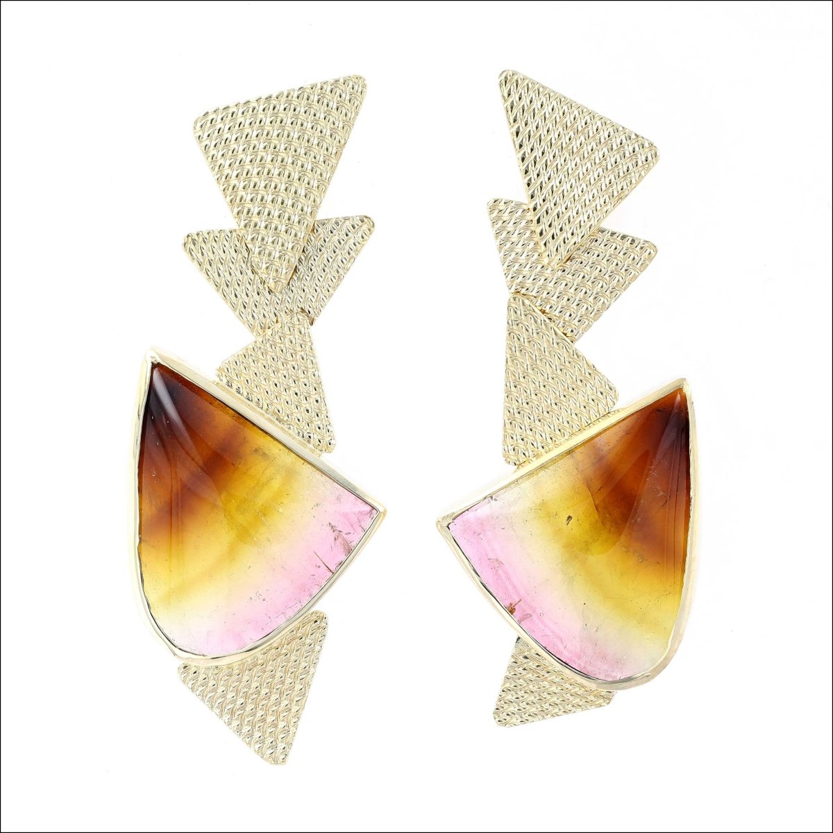 Tri-Color Tourmaline Textured Triangle Earrings 18KY - JewelsmithEarrings