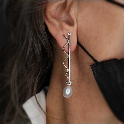 White Freshwater Pearl Diamond Wave and Bar Earrings 14KW - JewelsmithEarrings